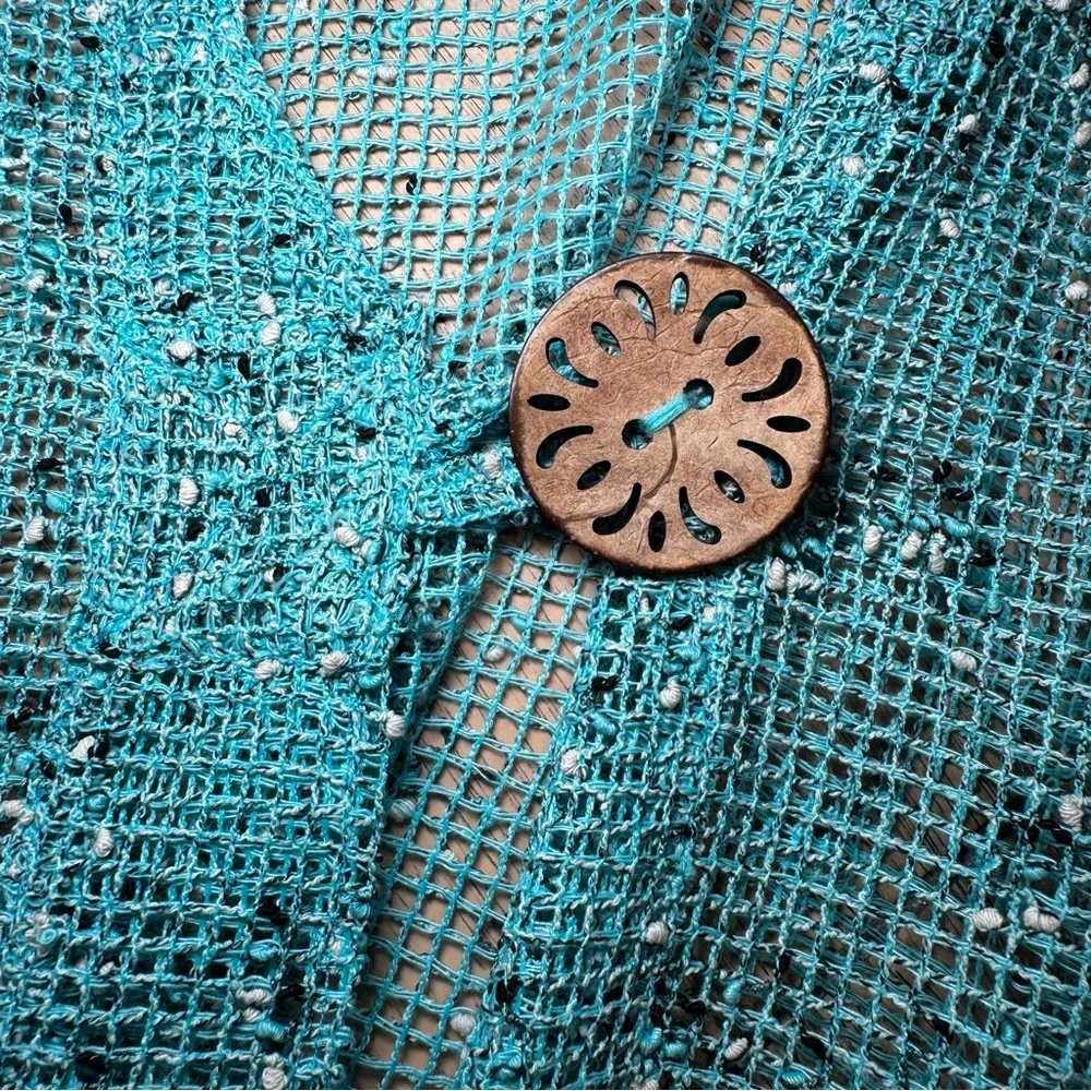 LULU B Sz Large Aqua‎ Mesh Short Sleeve Oversized Cardigan w/Huge Buttons Beachy